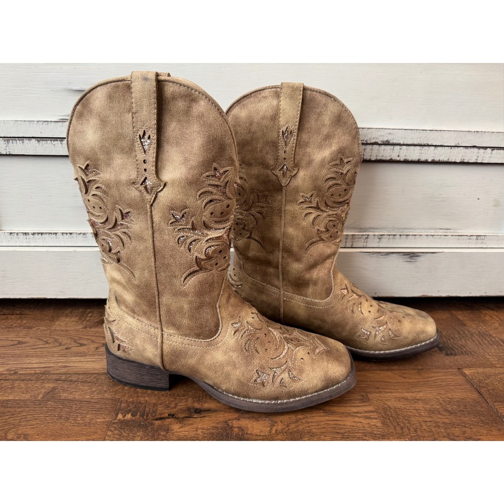 NEW Roper Kennedy Western Boots Tan Embroidered Glitter Inlay Square Toe Size 10